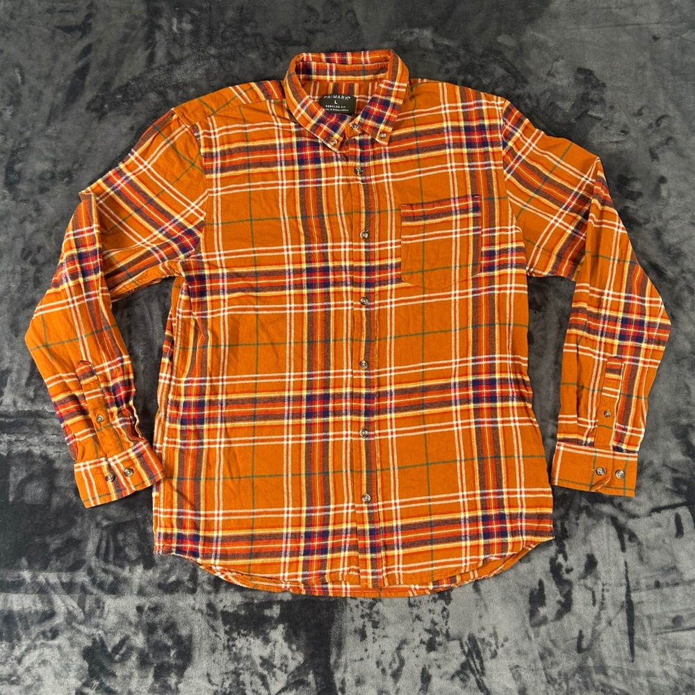 Primark Plaid‎ Button Down Shirt Mens Large Orange Flannel Long Sleeve